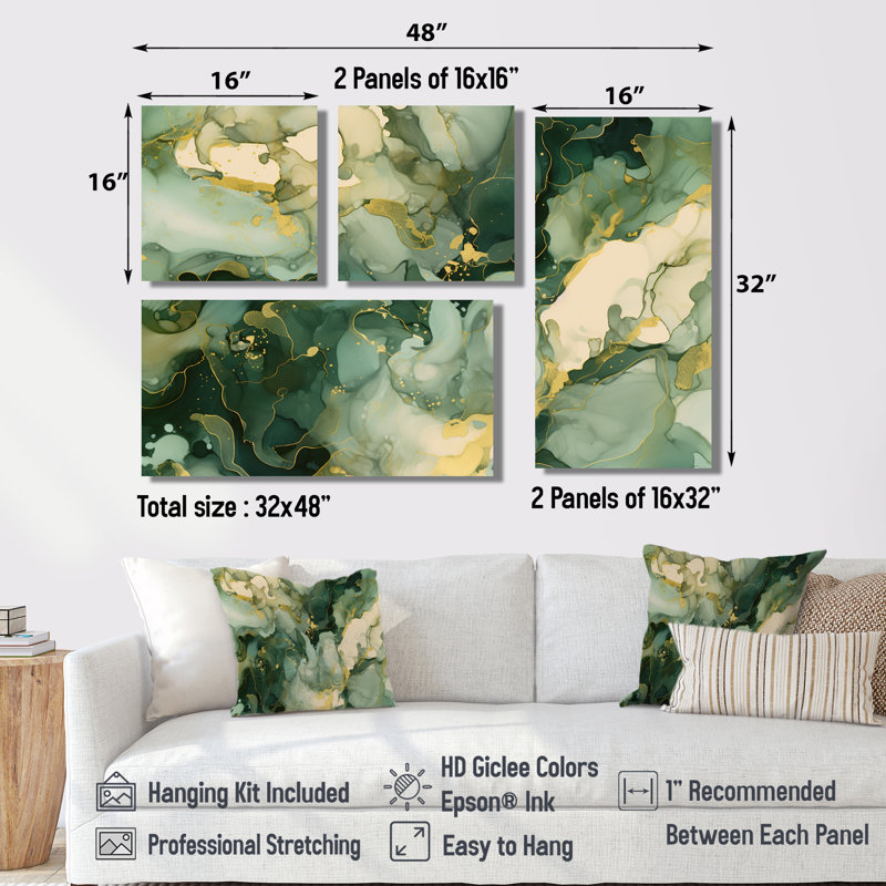 «Green Luxury Abstract Fluid Art I», art mural vert, 4 pièces, Impression encadrée sans passe-partout, Noir