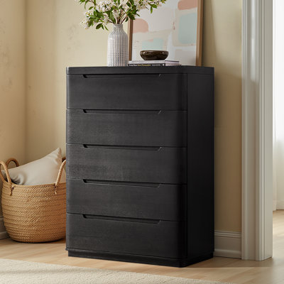 Waynesville 36"W Modern 5-Drawer Oak Wood Chest with Removable Jewelry Tray and Smooth Curves 