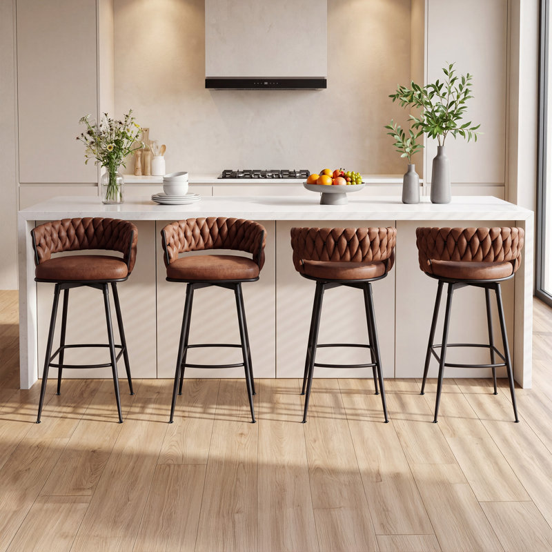 Tabouret de bar et de tabouret de bar moderne avec dossier tissé à la main, Brun whisky, 26 pouces