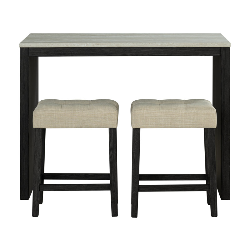 Black/grey/beige Transitional 3-pc Dining Set - 47"w Travertine Table Top W/ Usb Charging, Biscuit-tufted Stools & Storage Shelve Premium Travertine Tabletop?