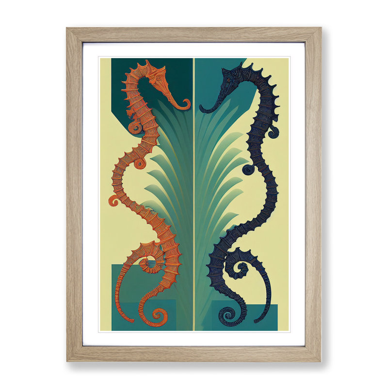 Two Seahorses - Wall Art, 36cm H x 27cm W, Oak Picture Frame, White