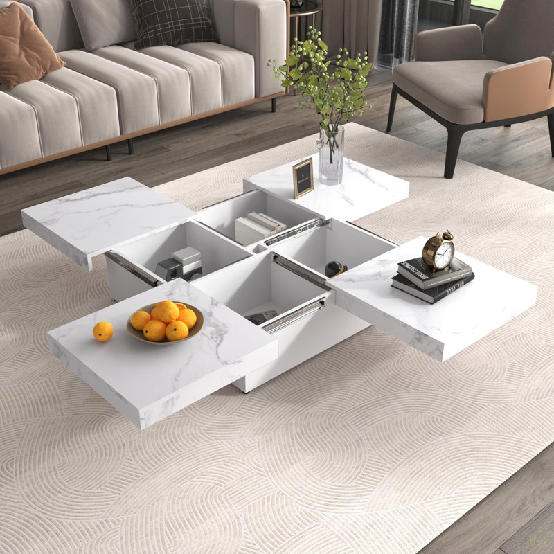 Table basse carrée en placage de marbre avec plateau coulissant et rangement de 39,4 po
