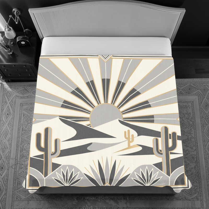 Desert Landscape Polyester Geometric Bedspread, Twin, Ivoire clair et gris anthracite foncé