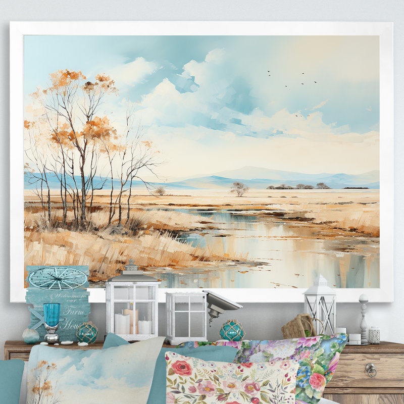 Beige Scerene Meadow Stream Harmony sur toile, Cadre simple blanc, H 30 po x l 40 po x P 1,5 po