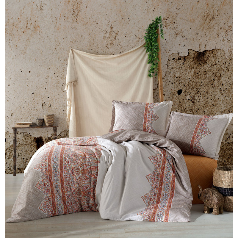 Ensemble de housse de couette 100% coton 3 pièces blanc ciel / orange