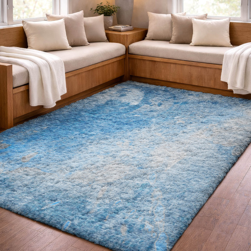 Tapis à poil long de qualité supérieure lavable à la machine ADS562, Bleu, 3 pi x 5 pi