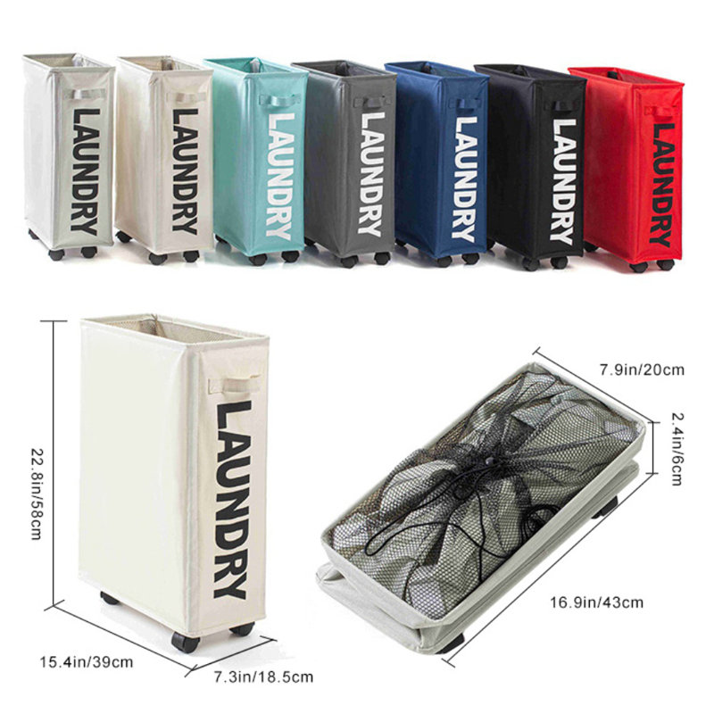 Rolling Laundry Hamper with Handles, Blue, 22.8 H" x 15.4 W" x 7.3 D"