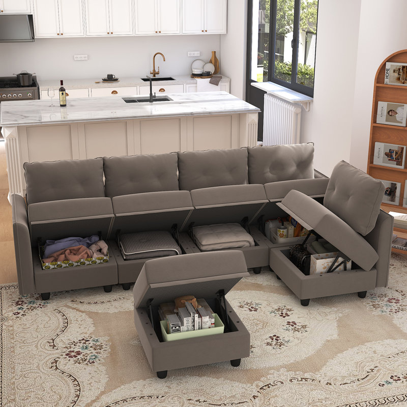 Canapé modulaire réversible avec repose-pieds Bresee, Velours brun clair, H 34 po x l 112 po x P 56 po