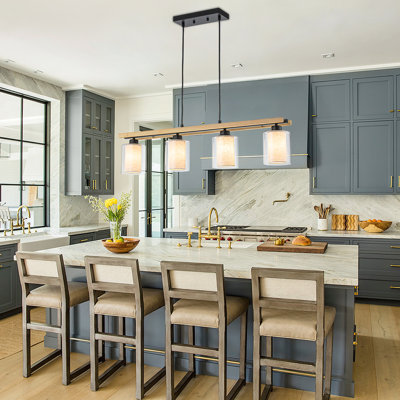 4-Light Farmhouse Kitchen Island Pendant Light With Dual Wood Beams And Iron Frame, Clear Glass Cylinder Shades With Linen Liners, Adjustable Height 106.3", UL & ETL Listed