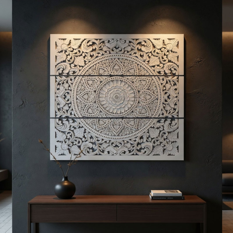 Teather 3Pc Wood Wall Panel Set, Mandala Floral Carving, Antique White Finish, 48 Inch Square Decor