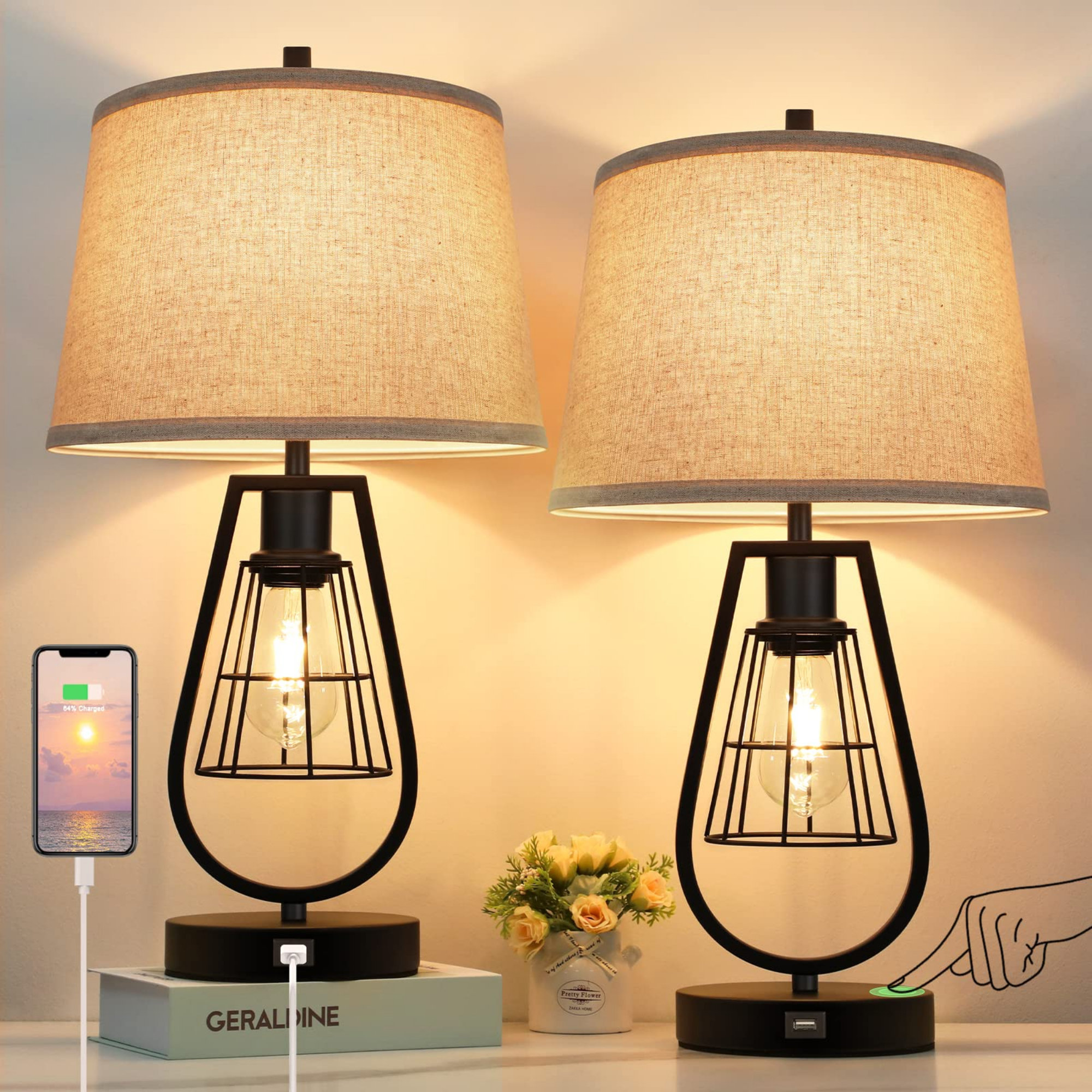 Longshore Tides Set Of 2 Industrial Touch Control Table Lamps With USB Port, 3-Way Dimmable Farmhouse Bedside Nightstand 2-Lights Lamps For Bedroom Living Room Reading, Cream Fabric , Black Metal Base, Bulbs Included | Wayfair