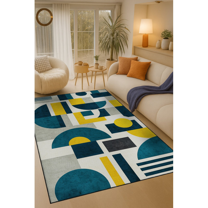 Tapis bleu tissé lavable rétro Mosso, 2' x 2'11"