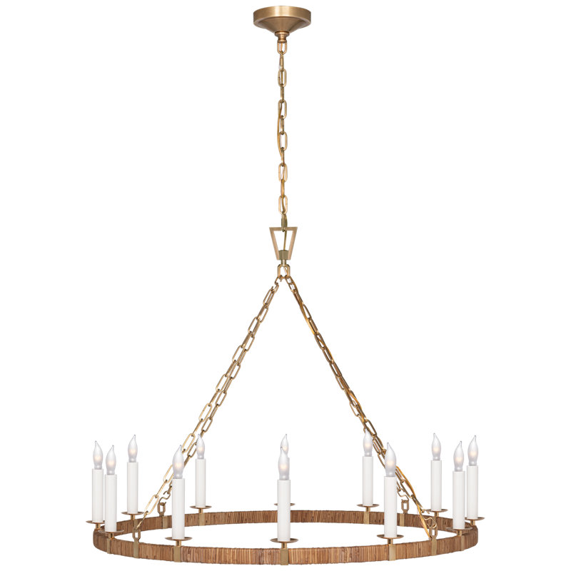 Darlana 12 - Light Wagon Wheel Chandelier, Polished Nickel/Natural Rattan, 32" H x 40" W x 38.75" D