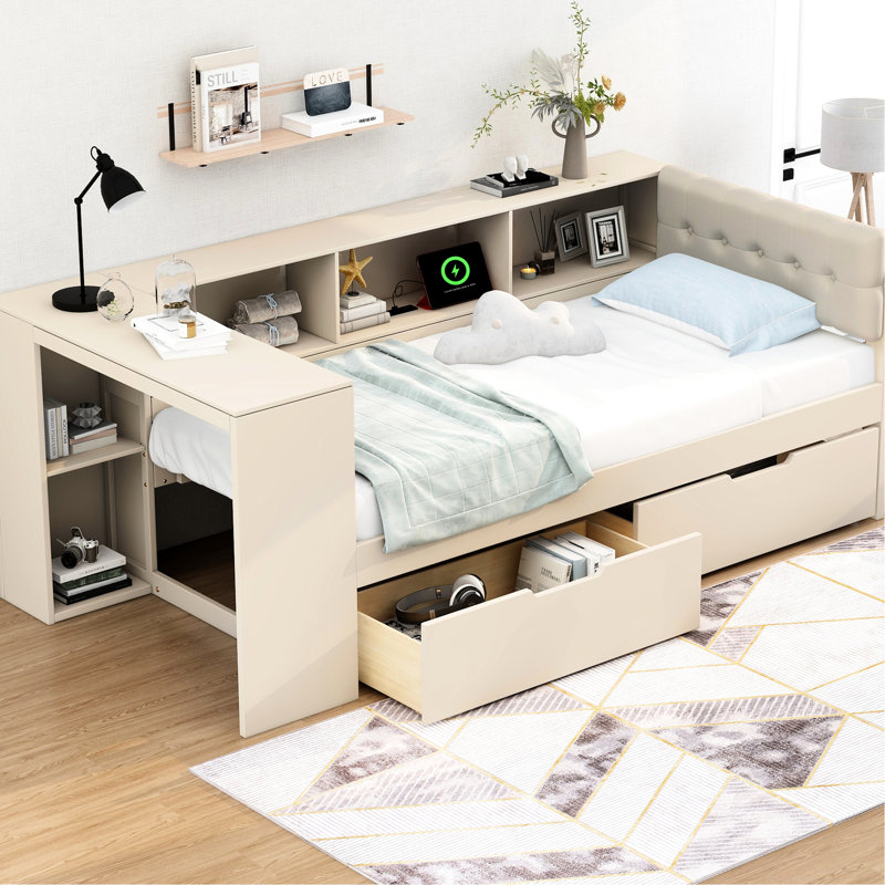Lit plateforme avec rangement, tête de lit tapissier, charge et tiroirs en bois crème, tête de lit avec rangement, Lit simple