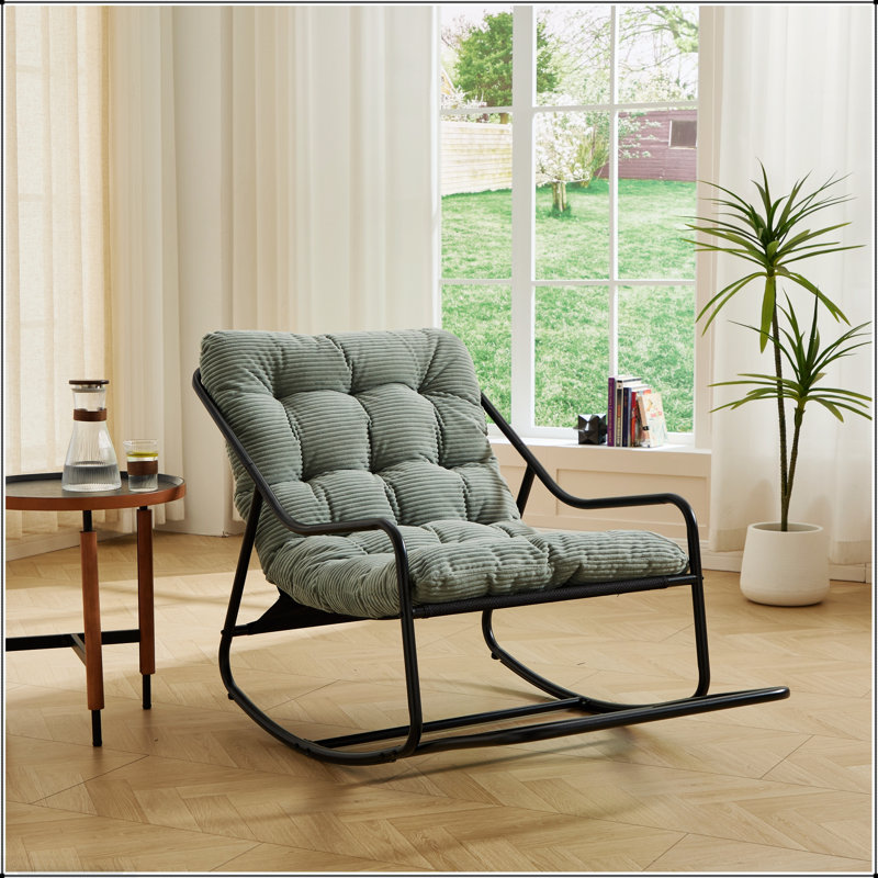 Chaise berçante d'extérieur avec coussin épais ultra-confortable, parfaite pour le salon, la chambre à coucher et la salle de lecture, structure noire avec coussin vert clair
