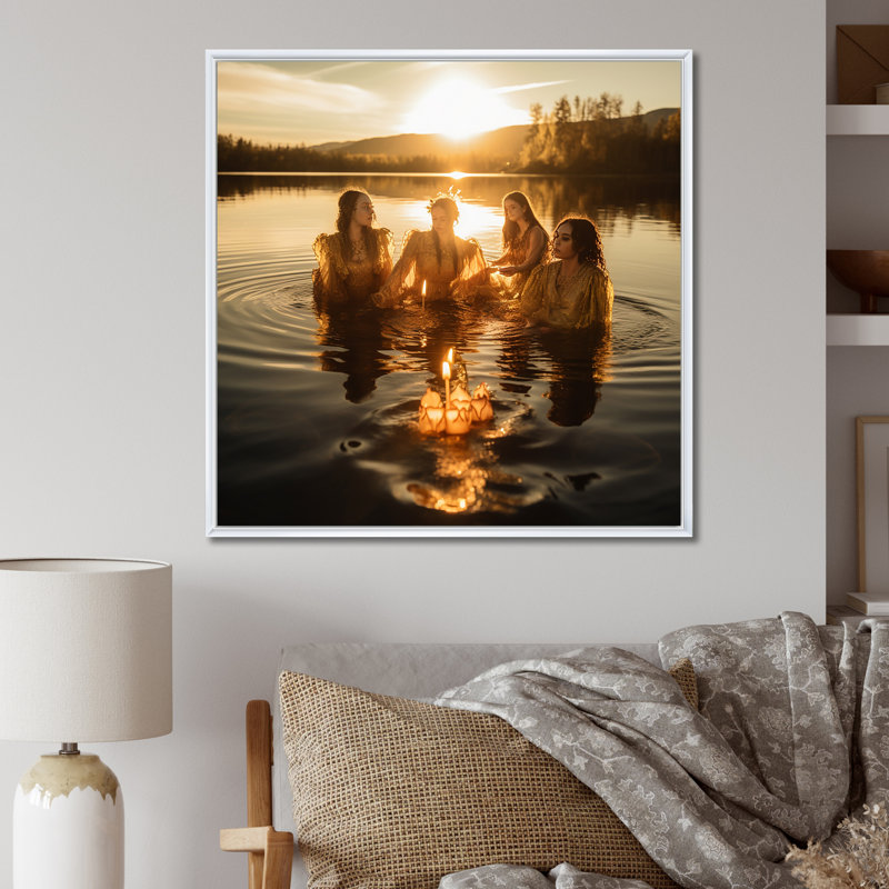 «Young Beautiful Goddesses Bathing in the River I», reproduction, Cadre flottant blanc, H 24 po x l 24 po x P 1 po