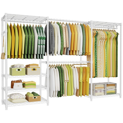 E1 Heavy Duty Closet Garment Rack, 6 Tiers Adjustable Metal Freestanding Expandable Clothing Storage with 4 Hanger Rods, Easy to Assemble Wardrobe, 71.4" H x (70" - 88.2") L x 14" D, White