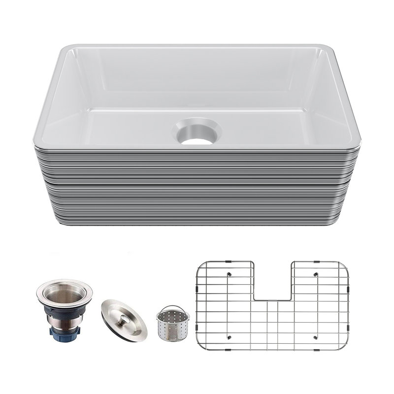 Évier de cuisine en céramique 24 po pour petite maison de campagne, évier à rayures de luxe avec crépine et grille inférieure, évier à lessive
