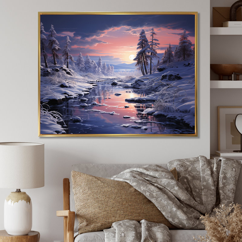 «White Fushia Winter Twilight IV», reproduction d'art sur toile, H 24 po x l 32 po, Cadre flottant doré