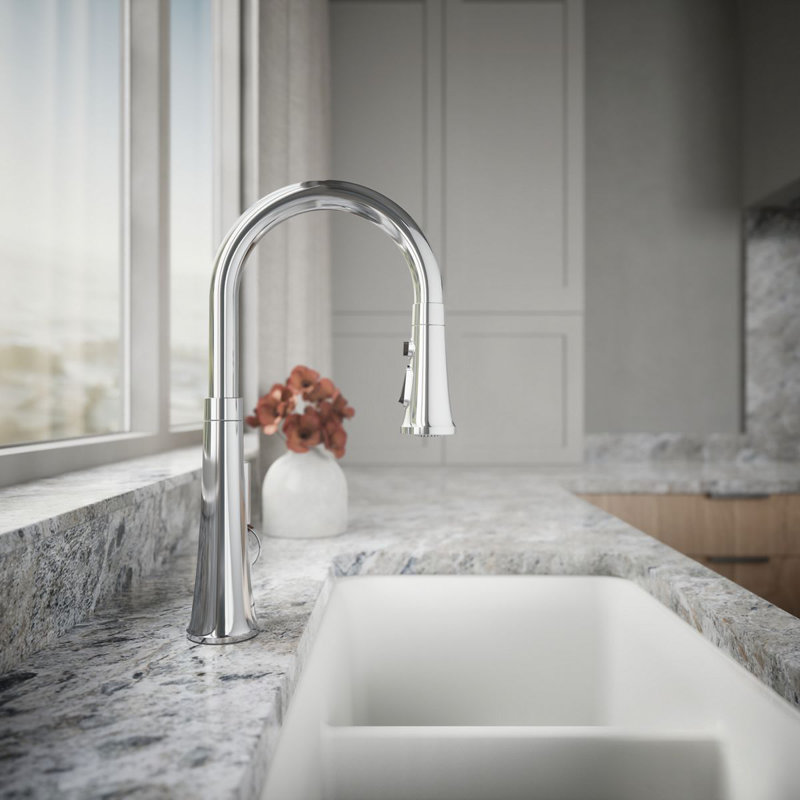 Tone Single Handle Pull Down Kitchen Sink Faucet with Three-Function Pull Down Sprayer, Polished Chrome