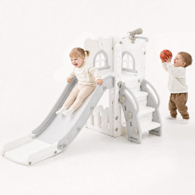 Toboggan 6 en 1 pour tout-petits, aire de jeu intérieure robuste pour les enfants de 1 à 3 ans avec grimpeur, panier de basketball, télescope, rangement pour jouets et cachette, gris-blanc