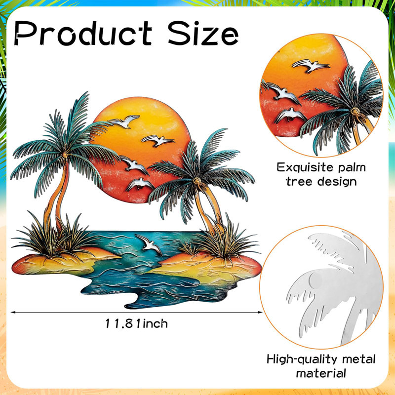 Coastal Metal Palm Tree Wall Decor, Sunset Tropical Beach Wall Art for Bedroom Bathroom Living Room