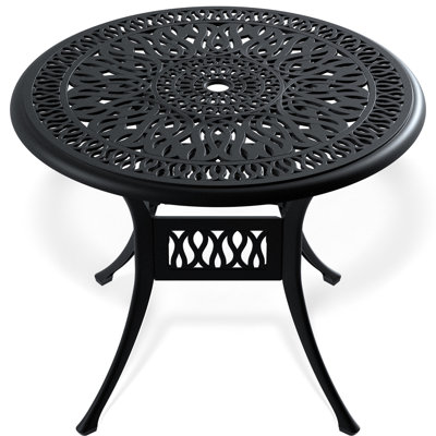 Table de salle à manger de patio en fonte d'aluminium de 34,83 pouces avec structure noire et trou pour parasol - Rouille, espace, confortable