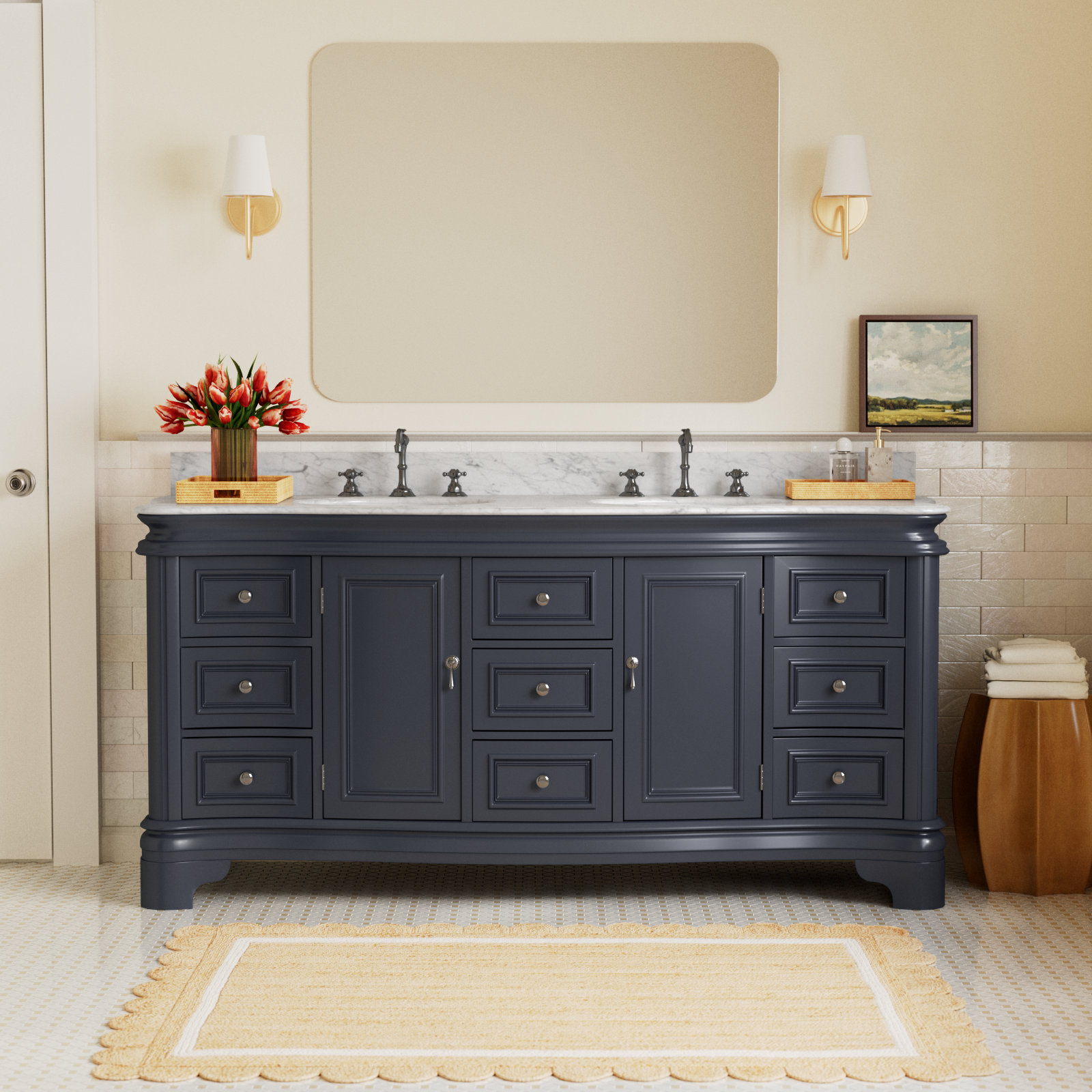 Twain 72" Carrara Marble Double Bathroom Vanity, Carrara Marble, Marine Gray