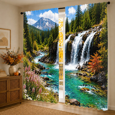 2Pcs Majestic Waterfall Scenery Curtains, Vibrant Nature Landscape Print, Light Filtering Fabric, Peaceful Mountain River View, Rod Pocket Design, for Living Room Bedroom Balcony Home Decor