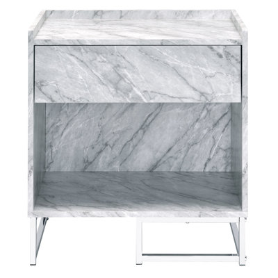 Rectangular Faux Marble Accent Table With Drawer And Extra Storage Trim In White - Shelf For Living Area Organization