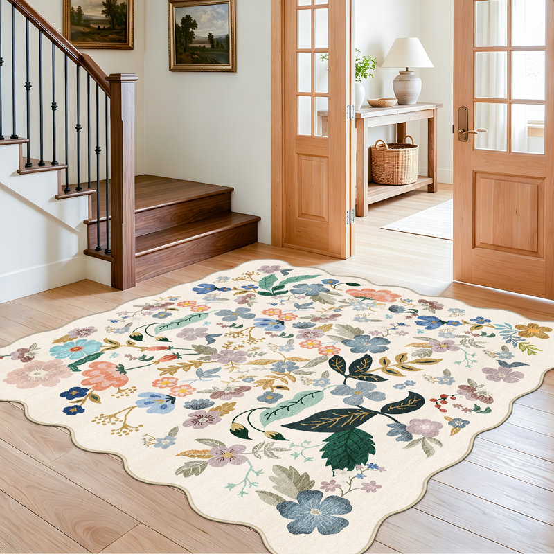 Floral Square Area Rugs for Family: Washable 5x5 Scalloped Carpet for Living Room Bedroom Soft Water Resistant Floor Mat with Non Slip Backing for Kitchen Nursery Dorms Farmhouse Home Decor(5x5,Cream)