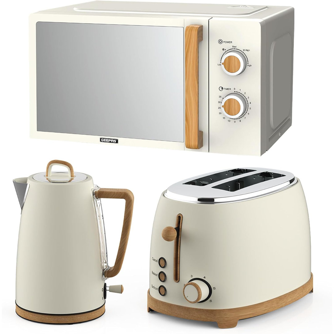 GEEPAS Nordiq 20L Microwave Oven 700W, 2 Slice Toaster & 1.7L Electric Kettle Combo Set | Matte Finish With Wood Accents | 850W Bread Toaster & 3000W