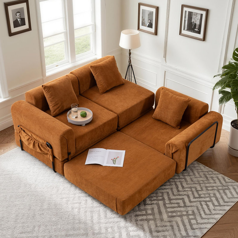 Canapé-lit convertible à 3 places avec plateau de rangement et conception modulaire, Mélange de polyester orange
