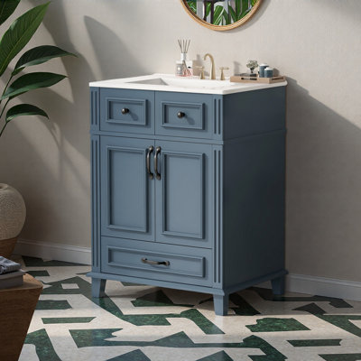 Meuble-lavabo de 24 po avec lavabo en céramique, armoire de rangement en bois massif avec portes à fermeture douce