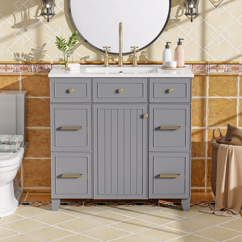 Meuble-lavabo 36 po avec lavabo en céramique gris, structure en bois massif, portes à fermeture en douceur, tablettes réglables, 3 tiroirs, y compris un tiroir à double profondeur pour le rangement du sèche-cheveux