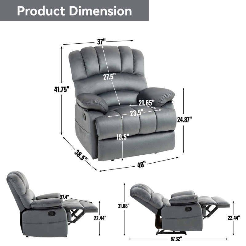 Mistydawn 40” W Manual  Polyester Recliner 3 Position, Dark Gray