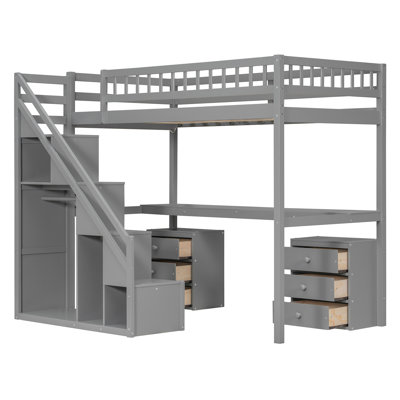 Lit mezzanine simple avec bureau, 2 commodes et bande lumineuse à DEL - Structure de lit en bois peu encombrante, gris
