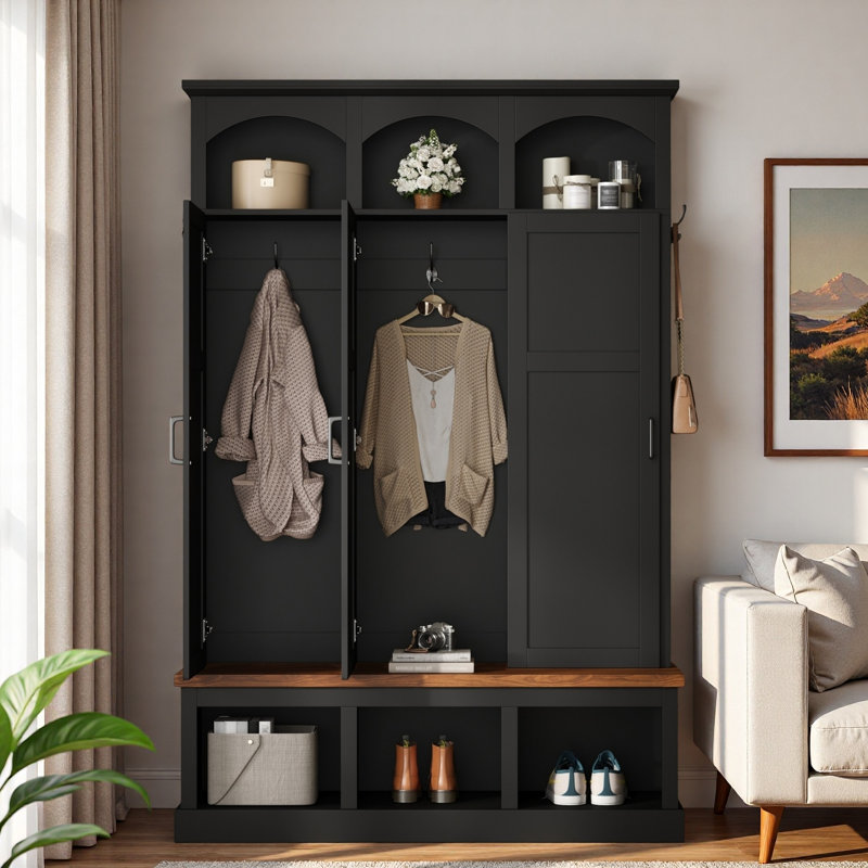 Farmhouse Arched Design Hall Tree With 3 Hidden Storage, 5 Hooks, Compartments Amd Bench, Black