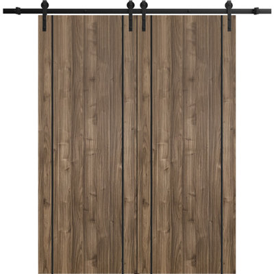 Portes coulissantes doubles de style grange avec quincaillerie Planum 0017 Noyer, rail de 3,96 m (13 pi), supports robustes, ensemble moderne à panneaux pleins, pour entrée, chambre ou salle de bain - 122 cm x 203 cm (48 po x 80 po) (2 x 61 cm x 203 cm [2 x 24 x 80 po]) - Rail noir