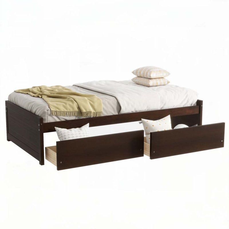 Lit en bois d'hévéa massif avec 2 tiroirs, Espresso