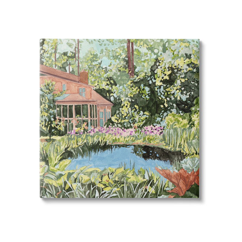 «Cottage with Backyard Pond», art mural sur toile par Melissa Wang, H 30 po x l 30 po