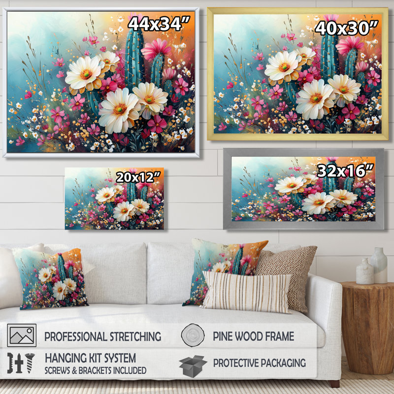 Cactus jaune et rose - Cactus, H 30 po x l 40 po, Toile tendue sur cadre, Ne s’applique pas