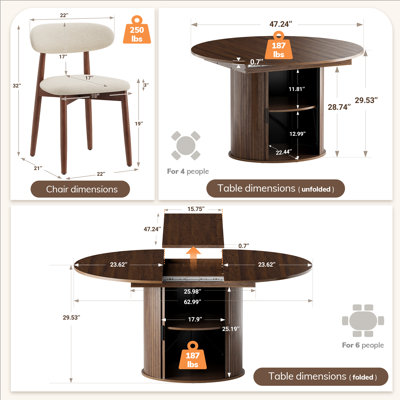 Modern Extendable Round Dining Table Set With Hidden Storage, 47.2"-63" Convertible Oval Dining Table And 6 Upholstered Dining Chairs For 4-6 People