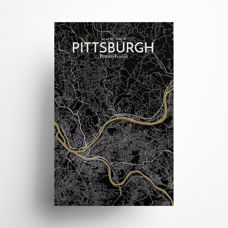 Pittsburgh City Map, impression, H 17 po x l 11 po, Noir et or