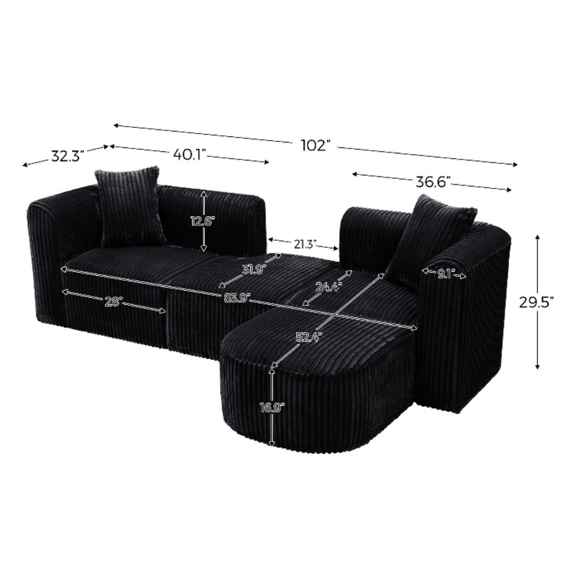Canapé modulaire moderne en velours côtelé noir en forme de L minimaliste
