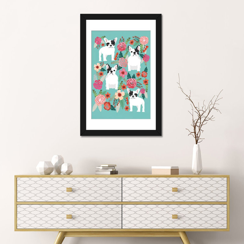 Collage floral français bouledogue, impression sur toile tendue, H 24 po x l 16 po x P 1 po, Papier d'art encadré noir, Blanc