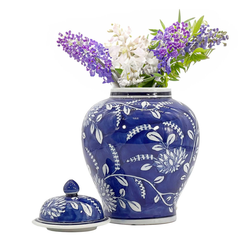 Light Blue Floral Ceramic Ginger Jar, 12"