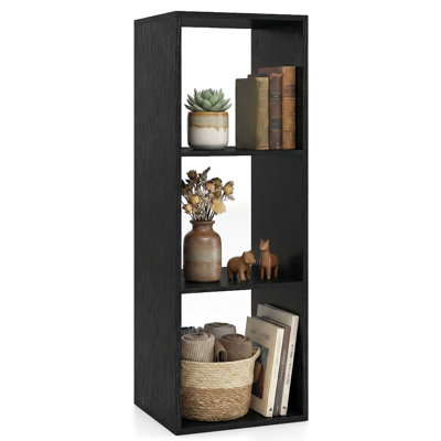 3-Cube Modern Bookshelf with Back Guardrail for Living Room & Bedroom, Engineered Wood Storage Shelf, Black