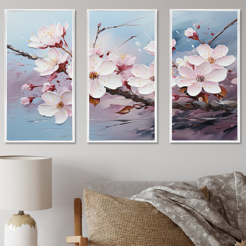 Cherry Blossom Flower Meadow I - Ensemble d'art mural sur toile Flower Field, Cadre flottant blanc