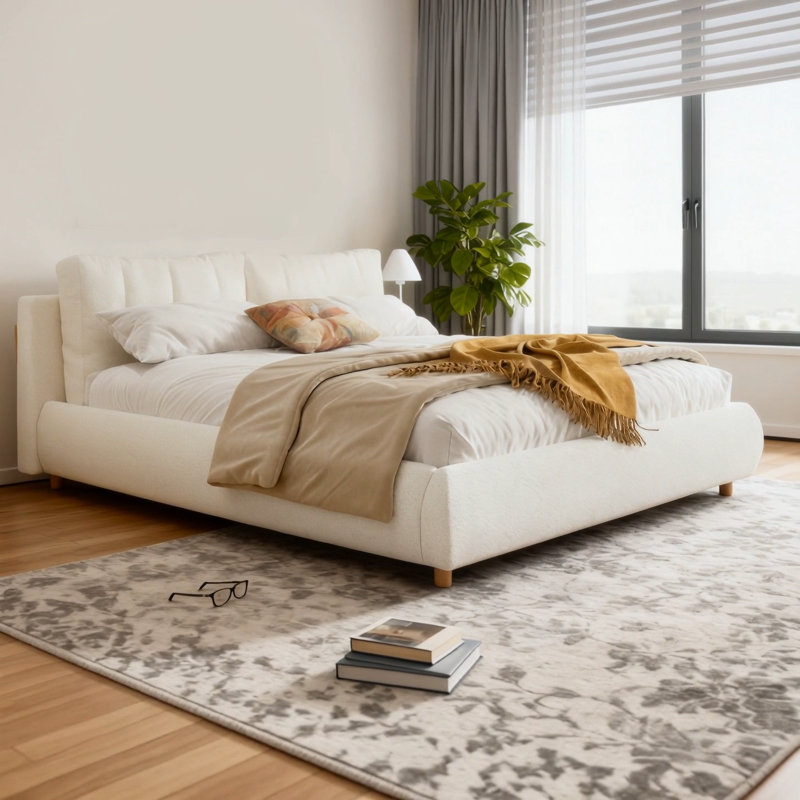 Grand lit plateforme tapissier avec deux coussins amovibles, tissu Boucle, blanc